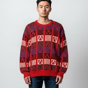 Vintage 80s Sweater Men’s Medium Red Crewneck Geometric Aztec Pattern Print